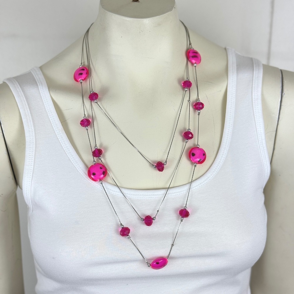 Hot Pink Beaded Necklace Y2K Funky Statement Retro Barbiecore Multi Strand‎